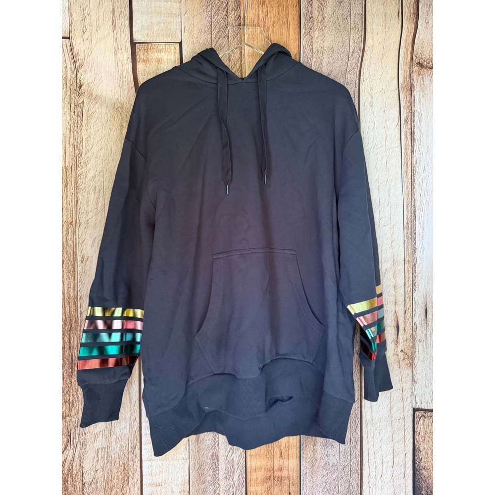Boden Sweatshirt Hoodie Rainbow Metallic Stripe Sleeve Casual Navy Blue US 14